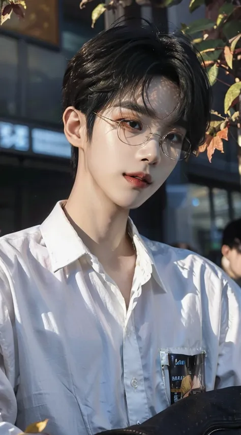 4K works , masterpiece , top quality , high-level image quality ,Attractive and sexy face , Slimbody , Height 175 cm , clear, bright brown eyes ,Black glasses , Attractive and sexy wide slacks fashion , Mens fashion , Casual fashion , Korean Boy , 20 years...