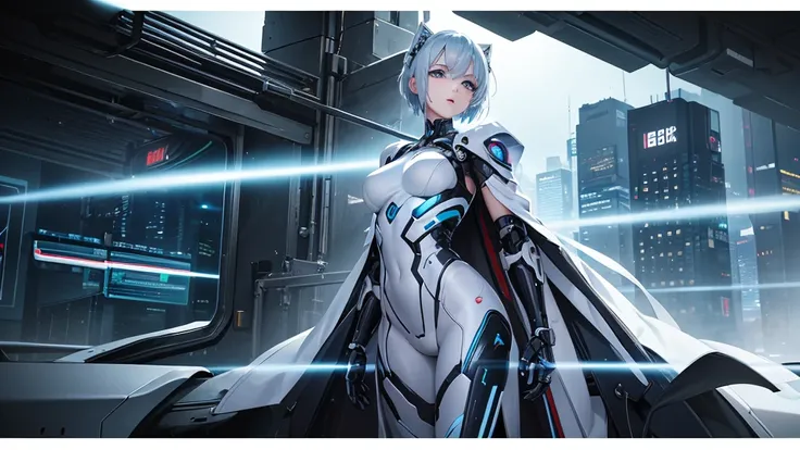 This image shows a beautiful scene in the cyberpunk style，Stunning 8K HDR rendering at the best quality。The  figure sits elegantly，She is a mechanical girl，blue eyes，white short hair，Wearing a white cloak，The entire body is composed of precise mechanical j...