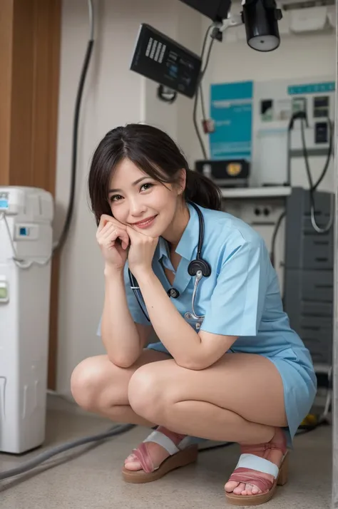 masterpiece, best quality, 16K, hospital, operating room, old woman, interior photo, glad, smiling, (legs spread), (m legs), ((spread pussy)), (squatting), front view, long hair, ponytail, black hair, eyes open, (large breasts:1.41), (wrinkles corners eyes...