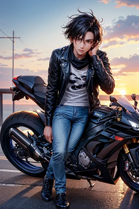 (masterpiece, best quality), 1boy, 20 years old, rider, (realism: 1.2), (anatomy: 0.8), (nfsw: 0.5), (leather jacket, side cuting, jeans, white shoes,  bandana), sitting on a bike kawasi ninja zx10r, rifal in hand, sunset in the background, wind in his hai...