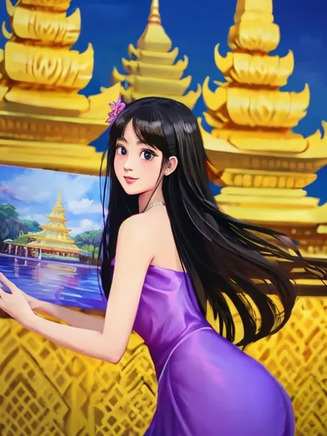 masterpiece, best quality, girl, solo, ((mature female)),, long hair, hair, princess,(upper yellow lower purple) silk dress black dress(dress) (golden dress) fantasy, happy, looking at viewer, cartoon, anime, (oil painting)Burmese girl, 18 years old, Bagan...