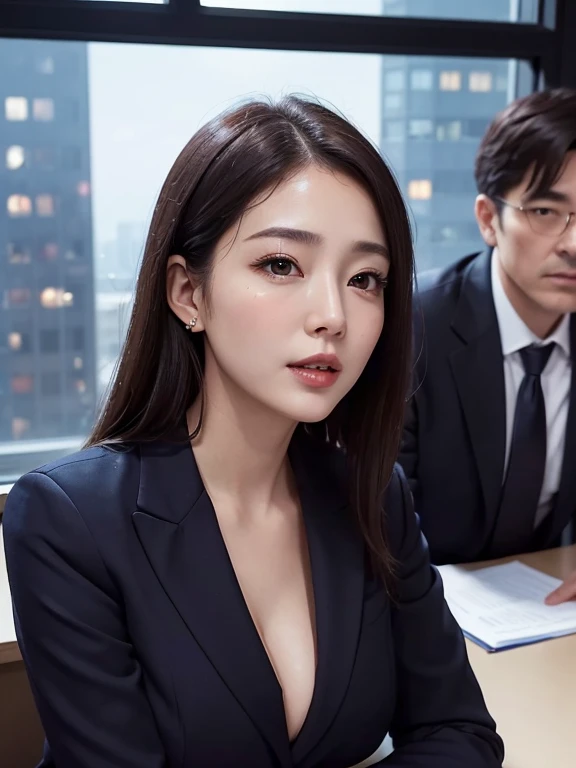 Beautiful woman wearing an office lady suit、open button, show breasts, show niple(Kissing a beautiful middle-aged man in a suit:1.1)、(In an empty office)、(A detailed face:1.5)、The background is a window with a view of a skyscraper、(Night:1.6)