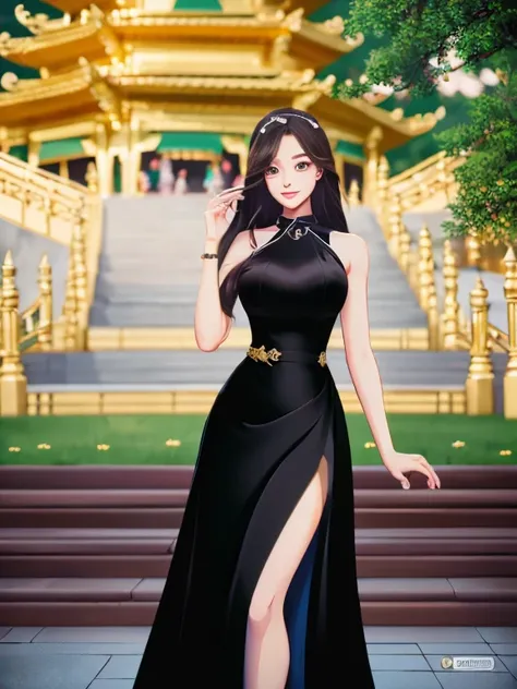 masterpiece, best quality, girl, solo, ((mature female)),, long hair, hair, princess, black dress(dress) (golden dress) fantasy, happy, looking at viewer, cartoon, anime, (oil painting)Burmese girl, 18 years old, Bagan pagoda view background, clear Hd 8k