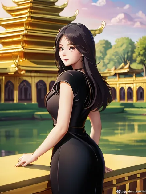 masterpiece, best quality, girl, solo, ((mature female)),, long hair, hair, princess, black dress(dress) (golden dress) fantasy,...