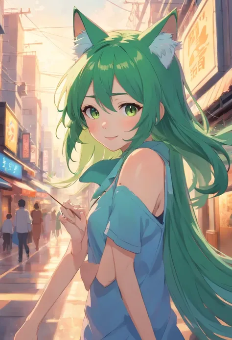 Female, long green hair, cat ears, tail, wind element power, wand, cheerful personality.