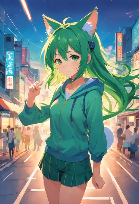 Female, long green hair, cat ears, tail, wind element power, wand, cheerful personality.