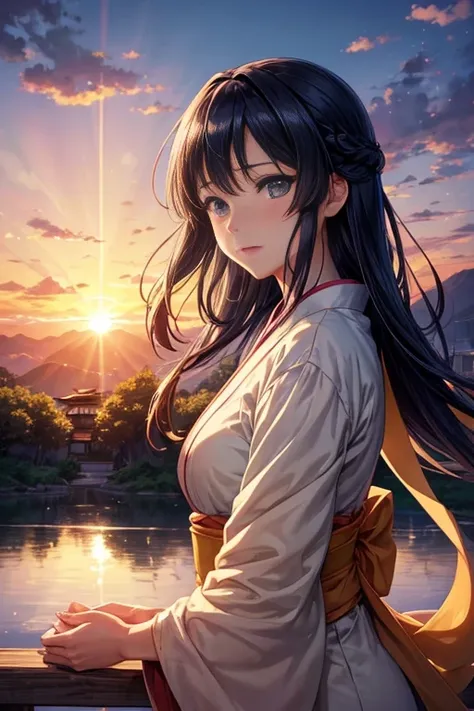 Mountains with sunset and a few clouds in the distance,beautiful Japanese cartoons scenes,Anime landscapes,Your name,Your name风格,Japanese cartoons beautiful peace scene,Xin Haicheng,(Xin Haicheng),high resolution,Super detailed,actual:1.37,bright colors,hu...