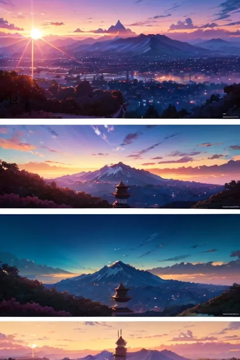 Mountains with sunset and a few clouds in the distance,beautiful Japanese cartoons scenes,Anime landscapes,Your name,Your name风格,Japanese cartoons beautiful peace scene,Xin Haicheng,(Xin Haicheng),high resolution,Super detailed,actual:1.37,bright colors,hu...