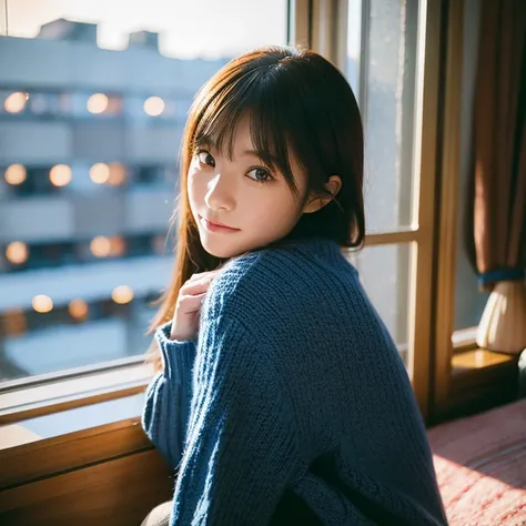 A beautiful Japanese female idol poses like a model by the window. Her focal length is 100mmf/2.8, early winter night, living room on the upper floor of a tower apartment, sweater and jeans, close-up of her eyes, film quality.