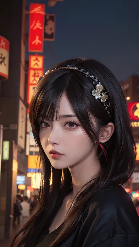 1girl, Tokyo Street, Night, City View, City Lights, Upper Body, Close Up, 8k, RAW Photo, Best Quality, Masterpiece, Realism, Realism, Red Rose Headdress, Split Bangs, Short Hair, Big Waves, One Dressed in Black, Long Hair and Glare Eyes, Cute Face. Dark fa...