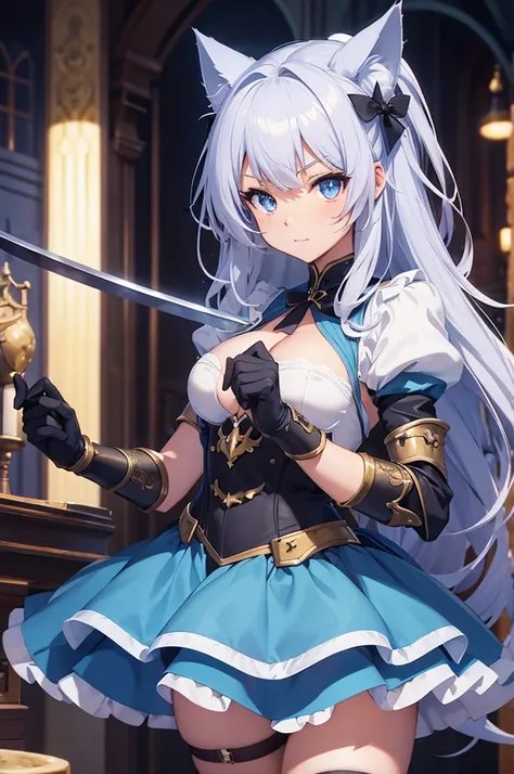 neko girl, belle. moyen seins, quality, maximale, cheveux blue , queue de chat,  sword, armure , oreille de chat, meilleur quality 