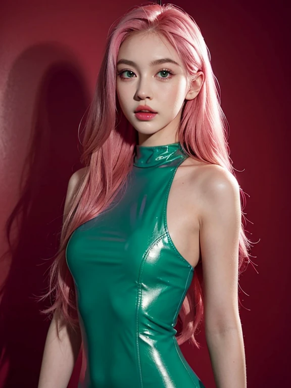 young woman, long pink hair, wide forehead, porcelain skin, pink eyebrows, big emerald green eyes, buttoned nose, thick lips, heart-shaped face, slender body, small breasts, black and red leather dress, Sakura Haruno, realistic realism details 3d