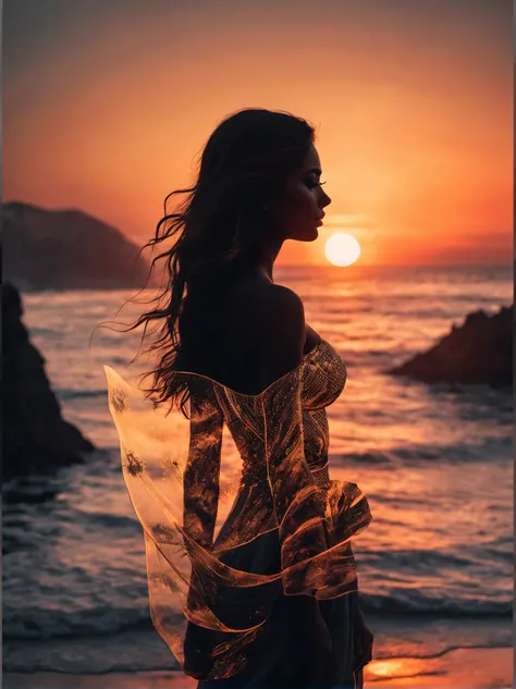 high quality, 8K Ultra HD, A beautiful double exposure that combines an goddess silhouette with sunset coast, sunset coast should serve as the underlying backdrop, with its details incorporated into the goddess , crisp lines, The background is monochrome, ...