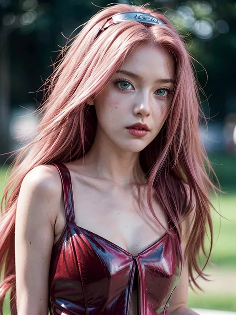 young woman, long pink hair, wide forehead, porcelain skin, pink eyebrows, big emerald green eyes, buttoned nose, thick lips, heart-shaped face, slender body, small breasts, black and red leather dress, Sakura Haruno, realistic realism details 3d