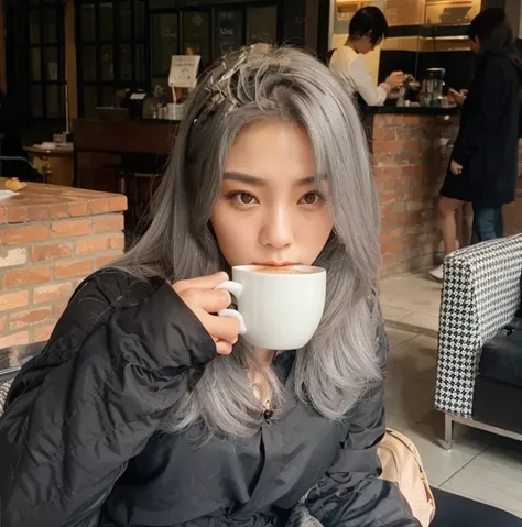  beautiful and perfect Korean gray hair girl with black blouse drinking coffee