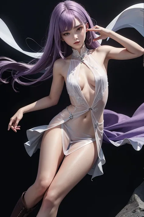 slender woman with light purple hair　chest is small　Separate top and bottom　White bondage　whole body expression　The background is decadent　hold a gun　brown boots　See-through sleeveless dress