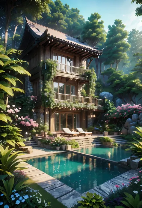 secluded residence，Makhno resort concept design.Resort/Resorts/resort.Closeup focus on high definition luxury resort.(best quality,4K,8k,high resolution,masterpiece:1.2),Super detailed,(actual,photoactual,photo-actual:1.37)It&#39;s a hidden and unique plac...