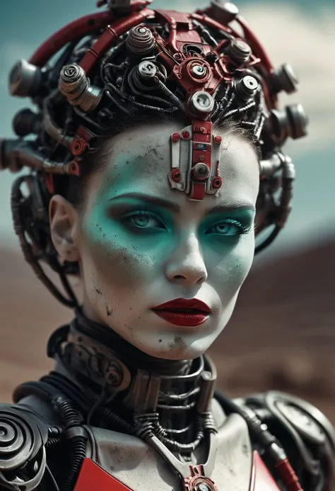 Cyborg woman, red and black tint, connecting to the cloud. porcelain face and head, no hair, detailed realistic close-up, dirt, dust, Canon 5d cinematic shot, ultra skin, porcelain face and head, exquisite clothing, fine hands, detailed macro, stills, cool...