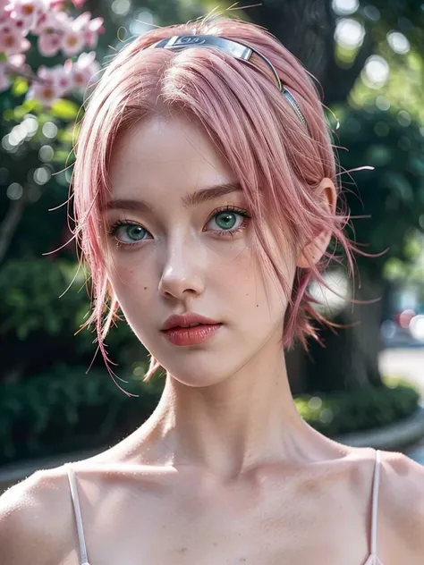 young woman, short pink hair, wide forehead, porcelain skin, pink eyebrows, big emerald green eyes, buttoned nose, thick lips, heart-shaped face, slender body, small breasts, red dress, Sakura Haruno, realistic, realism, details, 3d