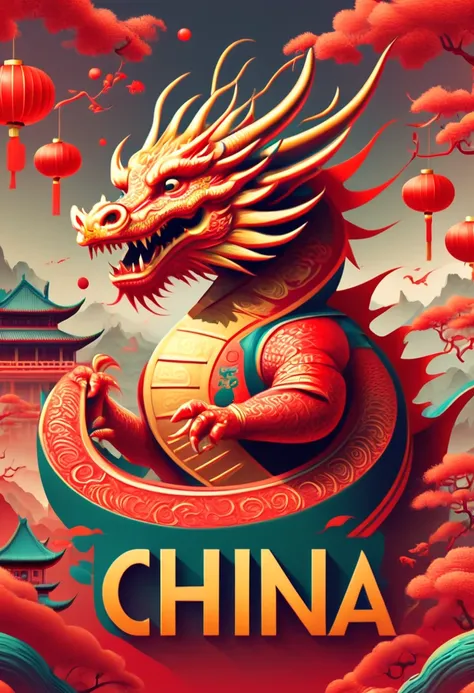 text "china", chinese new year "2024", dynamic illustration, dragon cub mascot, red clothes, strong festive atmosphere, golds in...