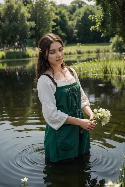 beautiful peasant woman picking flowers, near a large lake of green water.