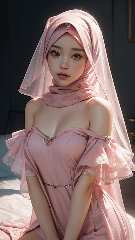 Best Quality, Masterpiece, Ultra High Resolution, (Realisticity: 1.4), Original Photo, 1girl, Pink Off-the-Shoulder, wearing hijab/veil, Cinematic Lighting