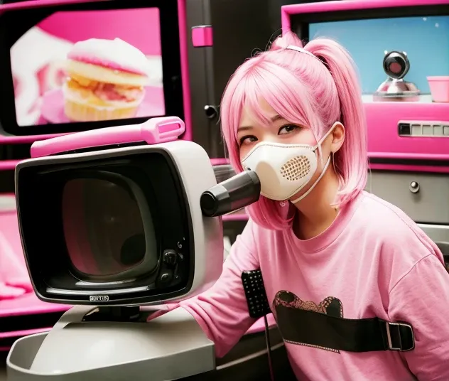 pink velvet cupcake, pink cream mullet, style of futurama, eyepatch, gas mask, food on face, nosebleed, smile, surrealism, polar...