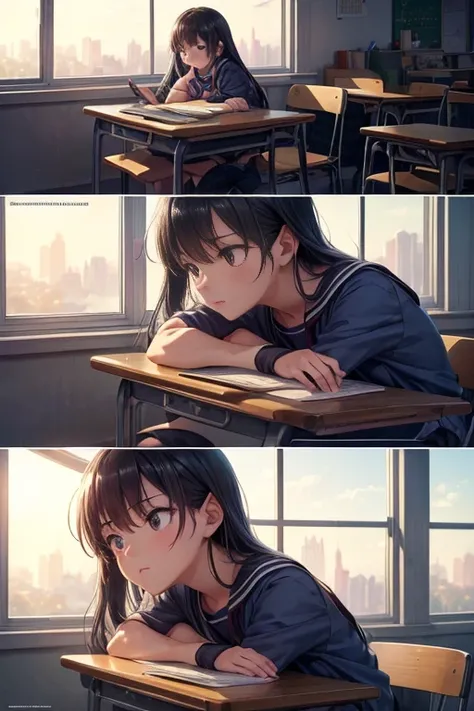 (best quality,4K,8k,high resolution,masterpiece:1.2),Super detailed,actual,Anime style classroom scene，Typical animation classroom environment, school classroom, anime scene, Classroom with desks and large windows, Detailed classroom environment，Equipped w...