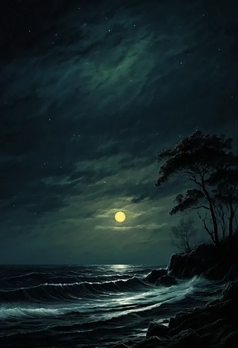 sea , digital painting, high quality the darkest longest night of the year, style of ralph blakelock, ed emshwiller, marianna ro...