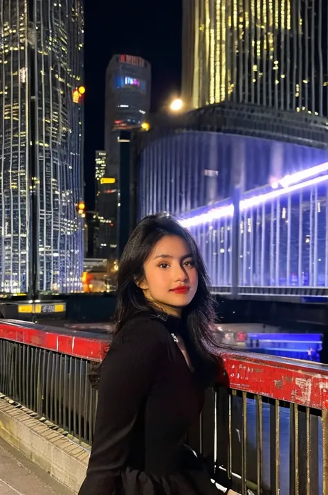 (Cinematic Aesthetic:1.4) Photo of a beautiful korean fashion model bokeh city night,cleevage dress,full sleeve dress, disgin,attractive girl,wearing chain on hands,long maxi long as foot,loose dress,black silky dress,plain black gown,long dress,puffed dre...