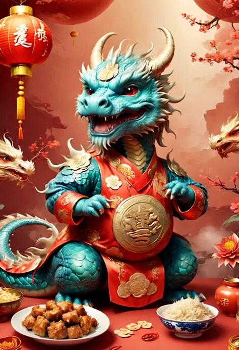 postcard, Chinese New Year 2024, dragon mascot, dress, eating Chinese food, Chinese elements festive atmosphere, (best quality, masterpiece, Representative work, official art, Professional, 8k)