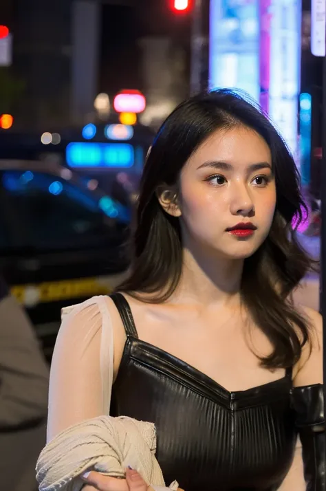 (Cinematic Aesthetic:1.4) Photo of a beautiful korean fashion model bokeh city night,cleevage dress,full sleeve dress, disgin,attractive girl,wearing chain on hands,long maxi long as foot,loose dress,black silky dress,plain black gown,long dress,puffed dre...