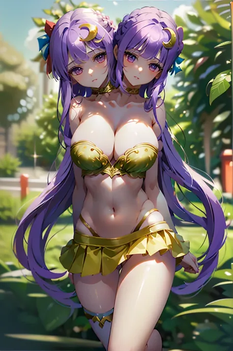 (masterpiece, best quality), best quality, (ultra-detailed), (3heads:1.5), 1girl, (patchouli knowledge:1.3), masterpiece, best quality, purple top, crop top, ((stomach)), midriff, ((groin)), vertical striped skirt, normal ears, shackles, purple hair, very ...