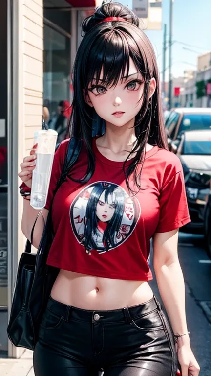 Hot goth girl wearing a red hot chili peppers t-shirt