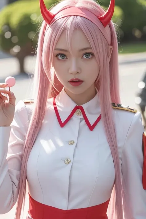 zero two (darling in the franxx), 1girl, horns, pink hair, solo, long hair, hairband, white hairband, uniform, candy, military, military uniform, green eyes, looking at viewer, food, aqua eyes, red dress, lollipop, eyebrows visible through hair, pilot suit...