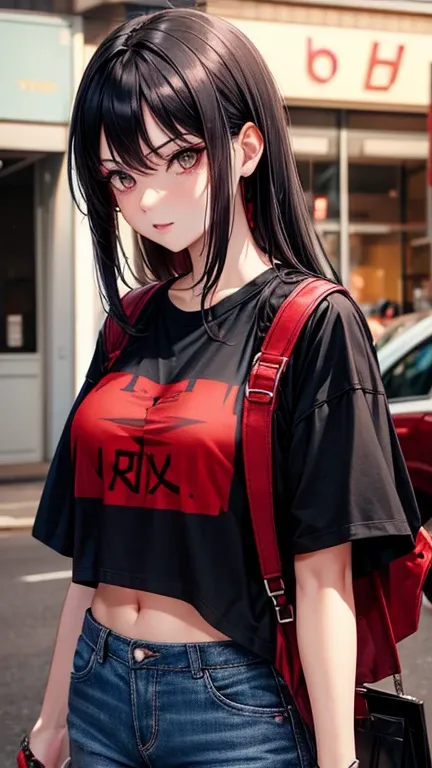 Hot goth girl wearing a red hot chili peppers t-shirt