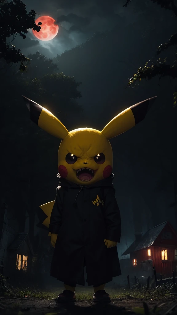 The terrifying very big Pikachu，Very angry Pikachu，Thick mist wraps the vines, There is a big red moon behind，a haunted house,strange forest,abandoned shelter,Creepy doll,Sinister shadows,Possessed by demons,Haunted dollhouse,The Cursed Mirror,Prank activi...