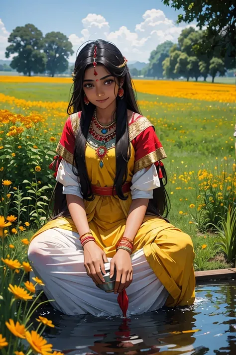 Beautiful Indian woman with long hair in traditional dress . bucket of water next to her. Smiles. Gentle. In the background a meadow full of red marigolds.