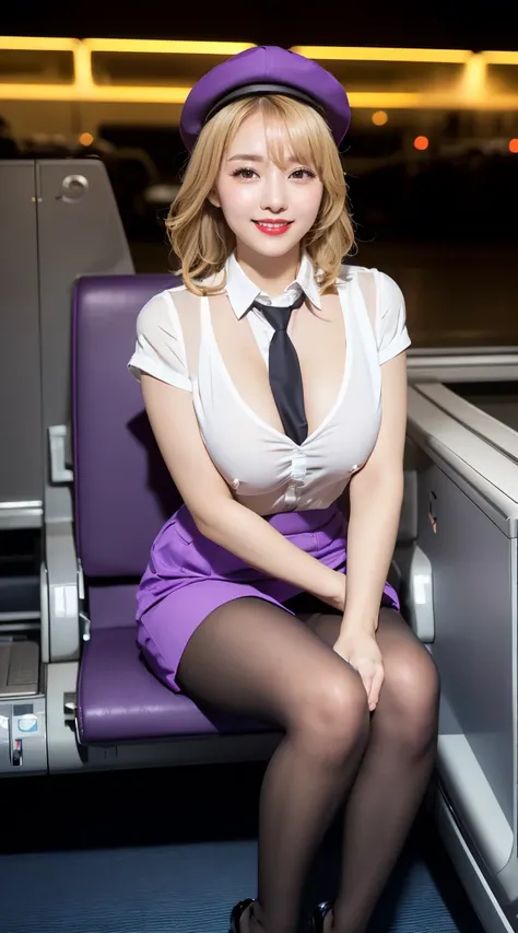 (((opened her legs apart、opened the legs apart)))、(((full body,including legs、sitting down,opened legs apart)))、(((perfect uniform of Japanese stewardess, perple uniform,necktie, purple vest-dress uniform、purple small hat, (black high-heel),  little smile,...