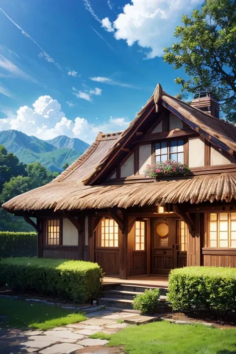 (best quality,4k,8k,highres,masterpiece:1.2), ultra-detailed, (realistic,photorealistic,photo-realistic:1.37), illustration, anime-style house with a thatched roof and large windows, a cozy multidimensional tavern, popular frames from the anime Isshoni, ma...