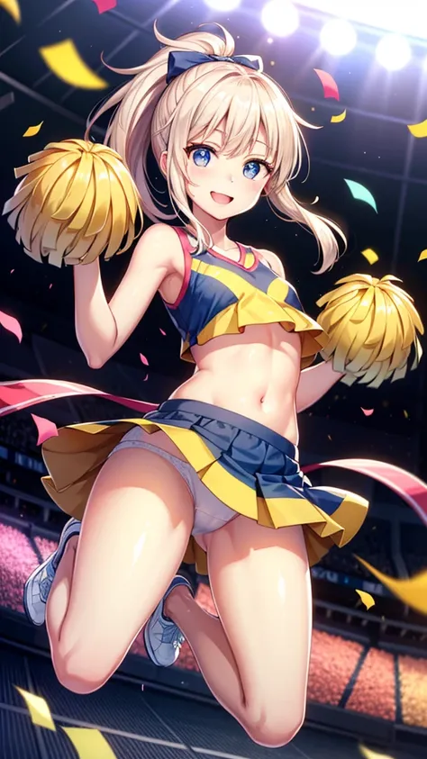 (highest quality:1.2), masterpiece, High resolution, perfect lighting, Lens flare, Cheerleader, jump, long hair, ponytail, holding a pom pom, gush, Sleeveless with wide open chest, Brilliant, fine eyes,  元気に跳ねてUnderwear fully visibleのスカート, break ((colorful...