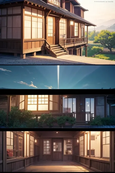 (best quality,4K,8k,high resolution,masterpiece:1.2),Super detailed,(actual,photoactual,photo-actual:1.37), anime style house, Thatched roof and large windows, popular Issei anime, Cozy multi-dimensional bistro, Screenshots from animated movies, Issei, Tod...