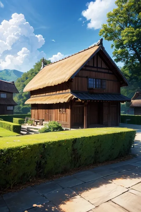 (best quality,4k,8k,highres,masterpiece:1.2),ultra-detailed,(realistic,photorealistic,photo-realistic:1.37),anime style house,thatched roof and large windows,popular Isemei anime,multi-dimensional cozy tavern,screenshot from an animated film,Isemei,todays ...