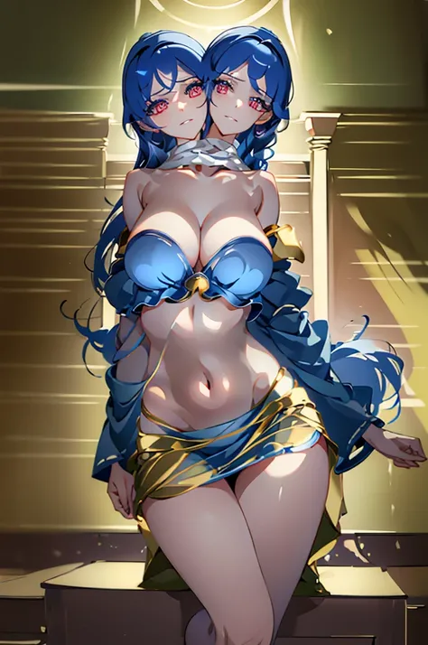 (masterpiece, best quality), best quality, (ultra-detailed), (3heads:1.5), 1girl, (Megumu Iizunamaru:1.3), masterpiece, best quality, dark blue top, crop top, ((stomach)), midriff, ((groin)), dark blue skirt, normal ears, shackles, blue hair, very long hai...