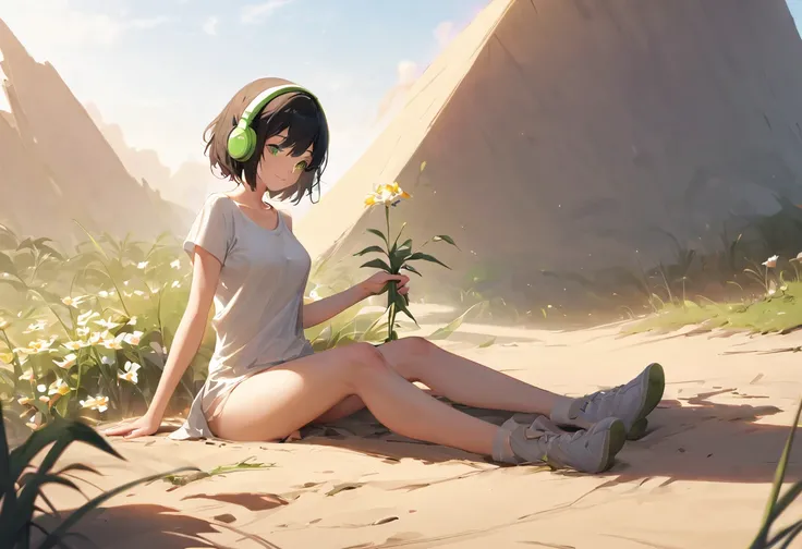 A woman wearing light clothes, short black hair, bright green eyes, and a headphone. She has medium-sized breasts and a toned, strong body. She is siting in the flor, touching a single flower in a barren land. She is smiling, and its a sunny and beautiful ...