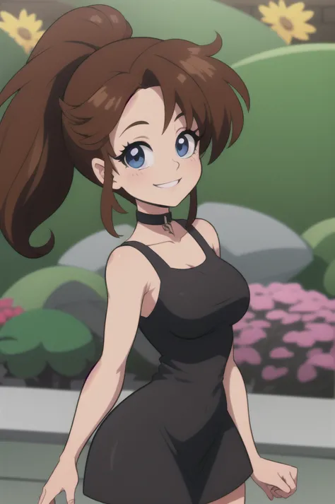 80's anime style, brown hair, ponytail, blue eyes, bare arms, little black dress, black chocker, smile, cowboy shot, standing, g...