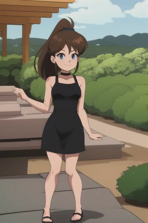 80s anime style, brown hair, ponytail, blue eyes, bare arms, little black dress, black chocker, smile, cowboy shot, standing, garden, gazebo, beautiful, best quality, close up, 1 girl, solo.