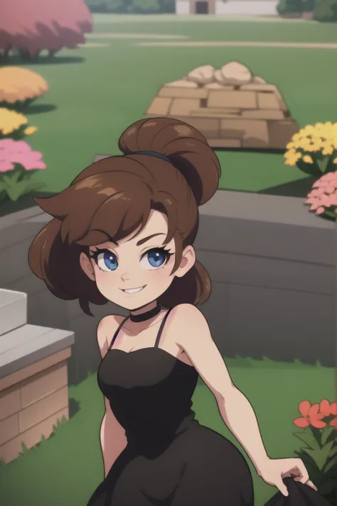 80's anime style, brown hair, ponytail, blue eyes, bare arms, little black dress, black chocker, smile, cowboy shot, standing, g...