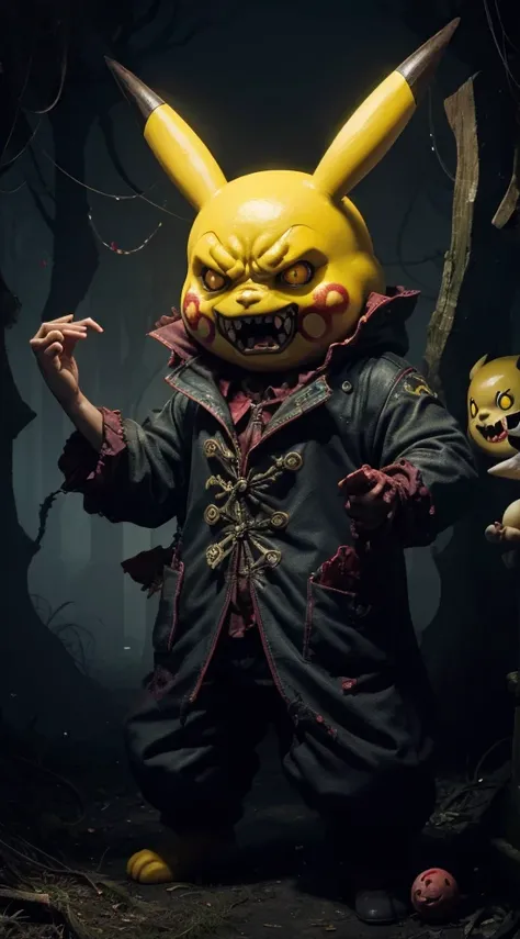 Scary big Pikachu，Pikachu is very angry，Thick mist wraps the vines, There is a big red moon behind，a haunted house,strange forest,abandoned shelter,Creepy doll,sinister shadow,Possessed by demons,Haunted dollhouse,The Cursed Mirror,Prank activity,zombies a...