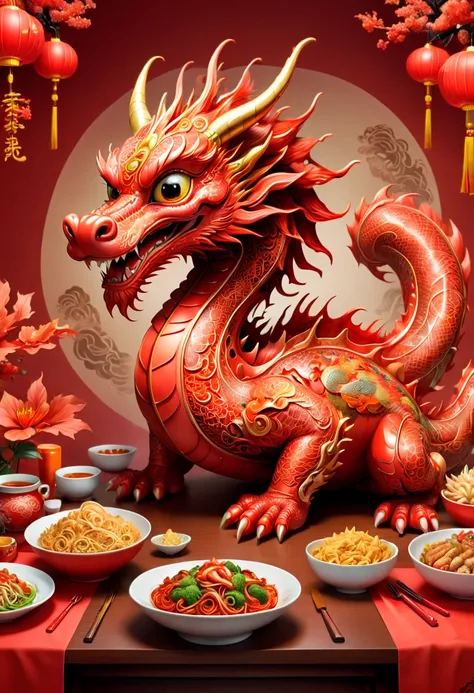 Year 2024, red theme, Chinese dragon, dressed mascot, Chinese food on table, Chinese festive atmosphere, zentagle art, surprise, happy, Enhancer, (best quality, masterpiece, Representative work, official art, Professional, 8k)